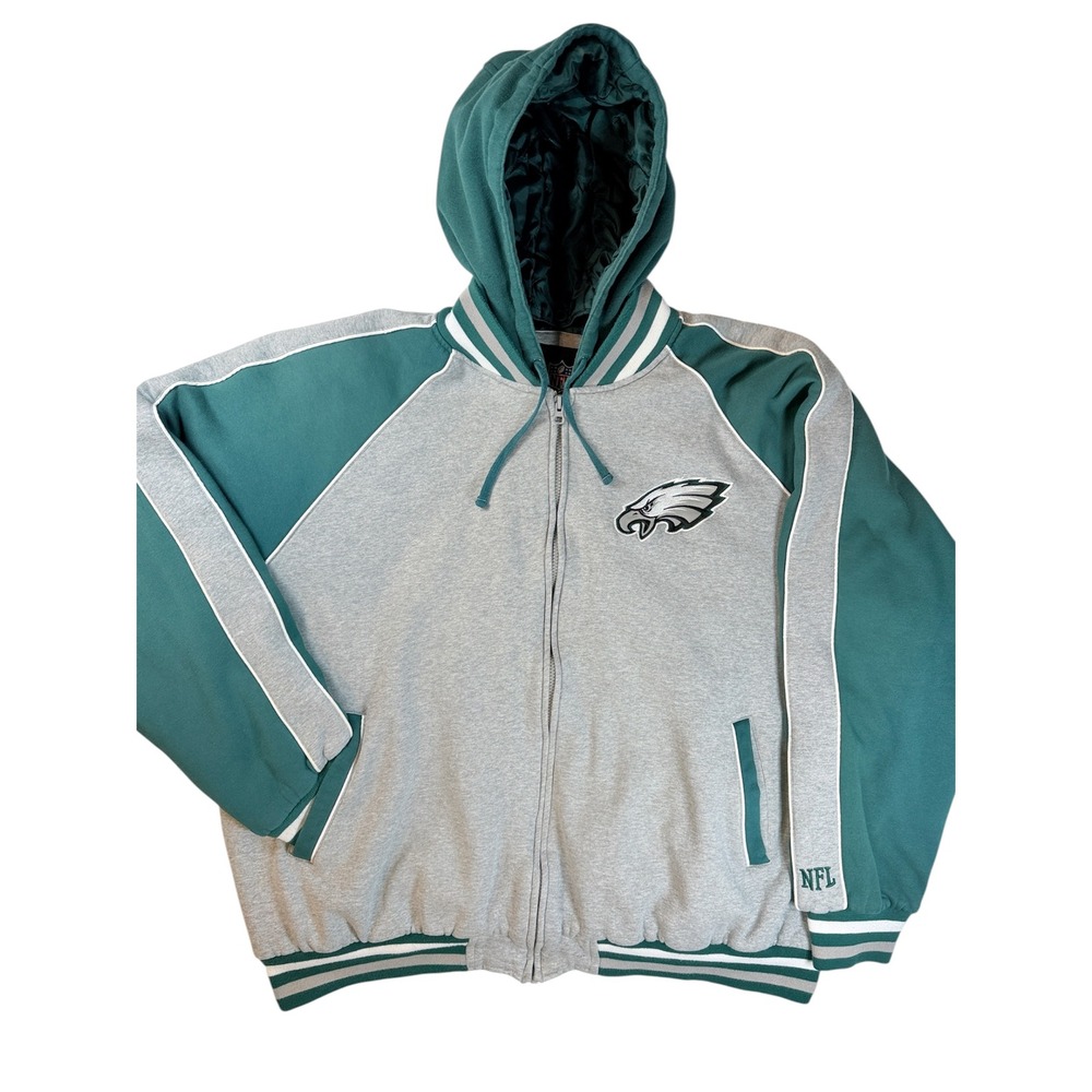 NFL Philadelphia Eagles Jacket Mens XXL Gray Green Full Zip Hooded Quilted Lined